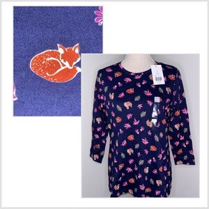 Kim Rogers NEW fall autumn print squirrel fox leaves 3/4 sleeve tee shirt Medium